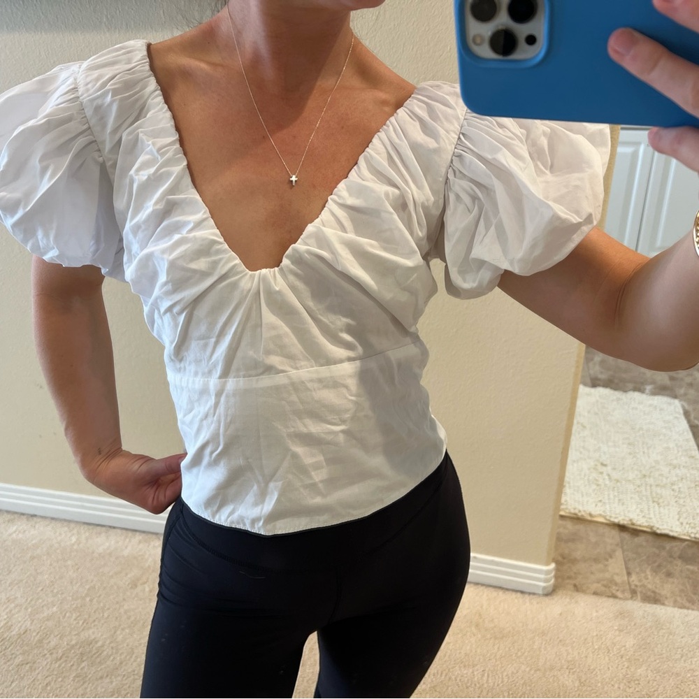 Abercrombie & Fitch White Puff Sleeve Ruched Blouse